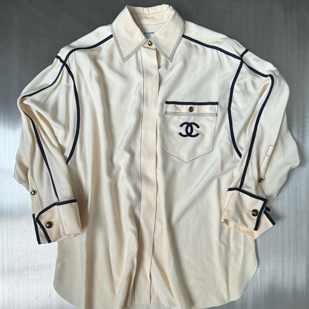 Chanel Vintage Embroidered Logo Button Down in Cream and Navy - Picture 1 of 7